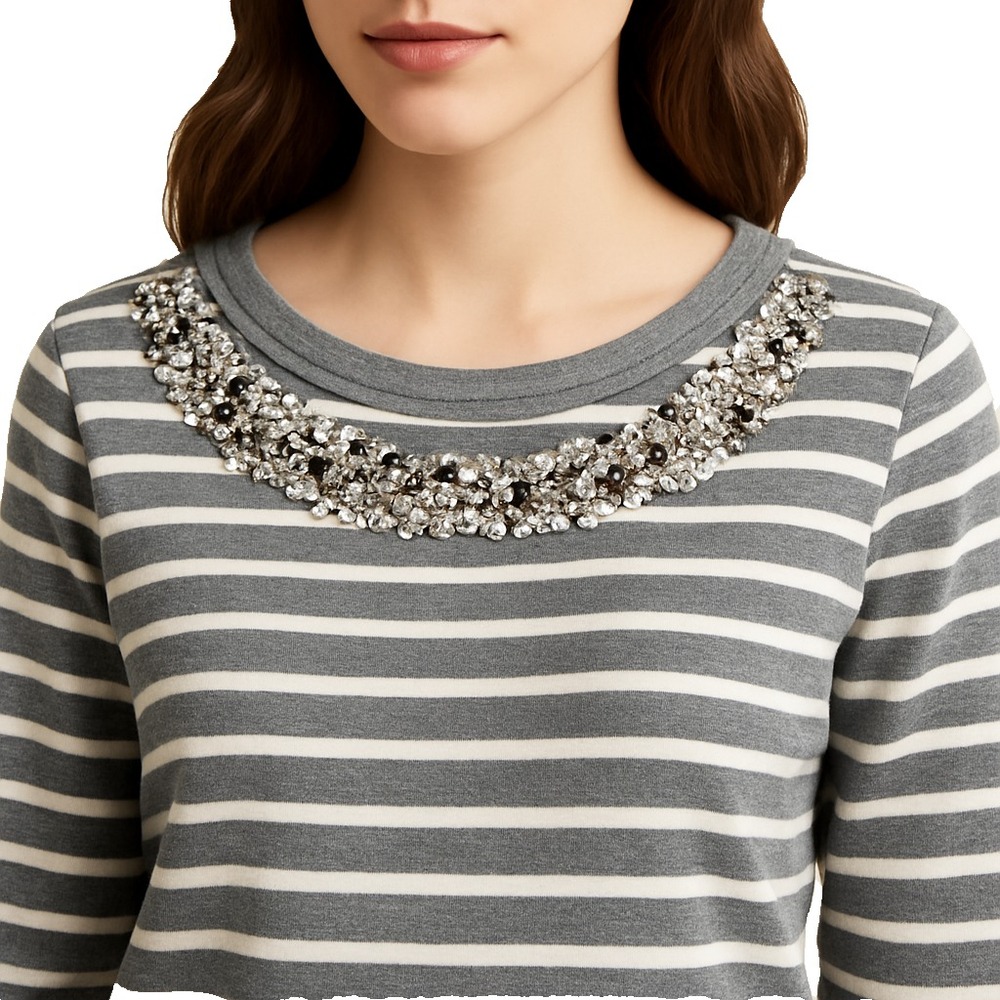 Chico's Womens L Gray White Striped Embellished 3/4 Sleeve Top Pullover